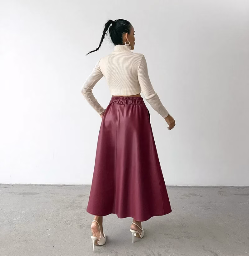 Burgundy plush artificial leather A high waist skirt 2024 European and American autumn and winter fashion new cross-border leather skirt - Image 2