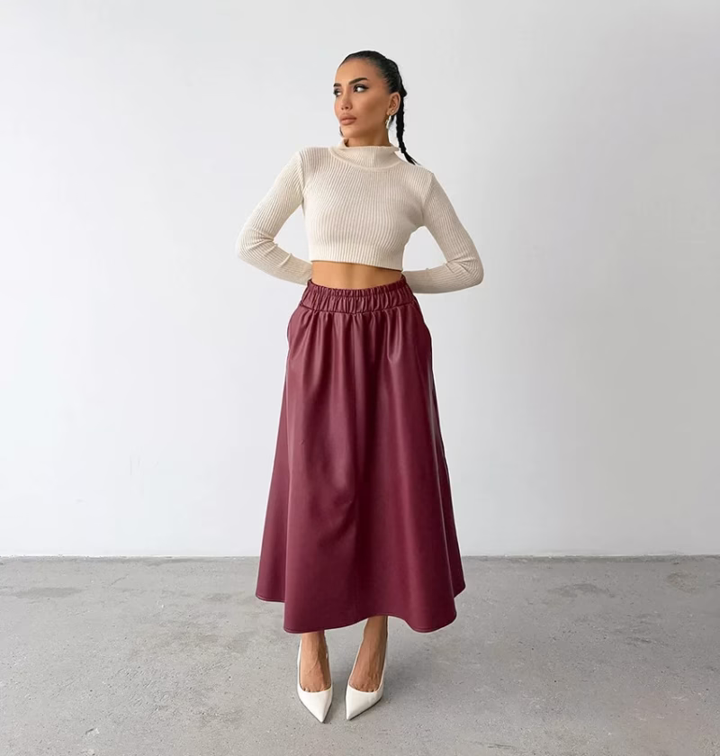 Burgundy plush artificial leather A high waist skirt 2024 European and American autumn and winter fashion new cross-border leather skirt