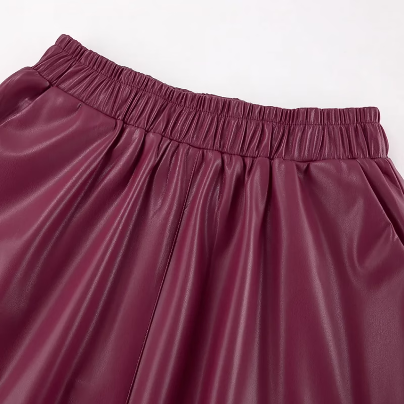 Burgundy plush artificial leather A high waist skirt 2024 European and American autumn and winter fashion new cross-border leather skirt - Image 6