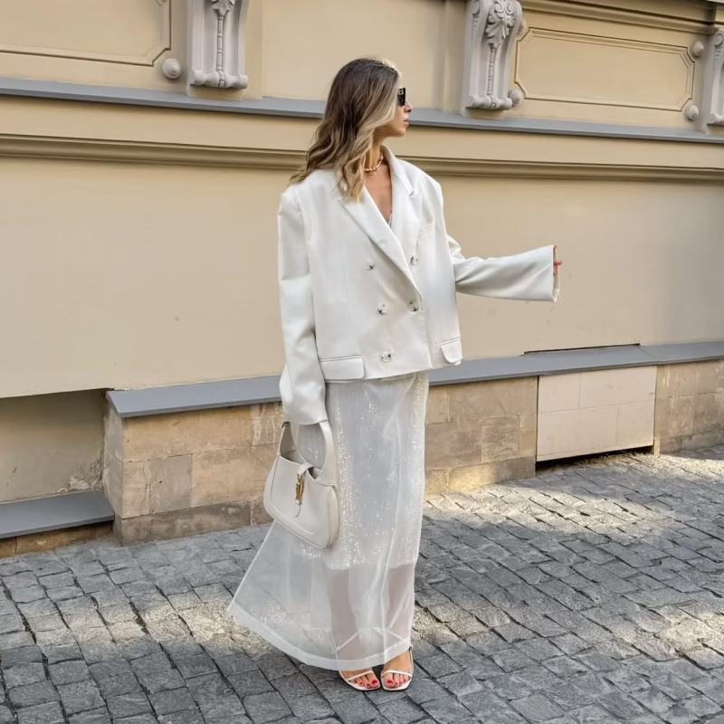 Autumn French classic fashion sexy transparent white mesh high waist loose straight versatile split skirt women - Image 6
