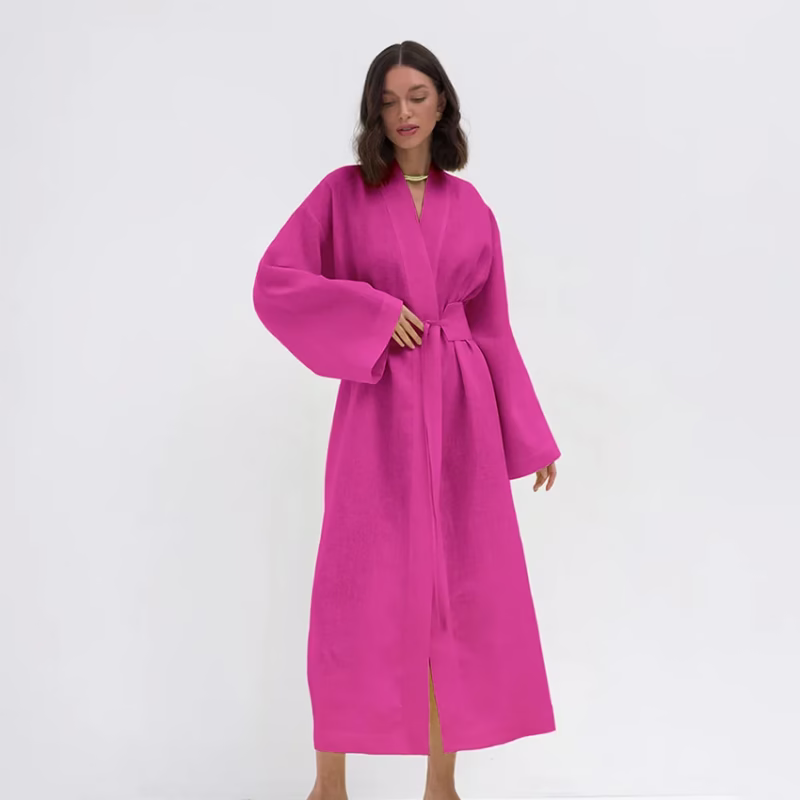 2023 European and American vacation casual waist tie cotton linen dress women's summer loose solid color A-shaped robe long skirt - Image 3