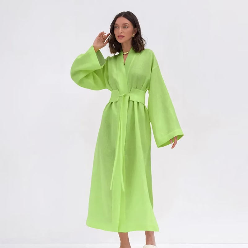 2023 European and American vacation casual waist tie cotton linen dress women's summer loose solid color A-shaped robe long skirt - Image 8