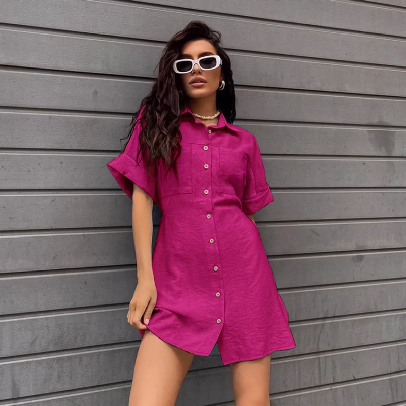 2023 French dress women's summer commuting short-sleeved lapel shirt skirt waist white A-line skirt cross-border women's clothing - Image 6