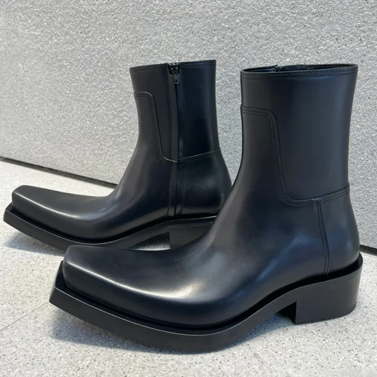 Medium square toe thick heel Martin boots women's knight zipper dark thick sole men's and women's cigarette tube upturned head Chelsea leather boots trend - Image 2