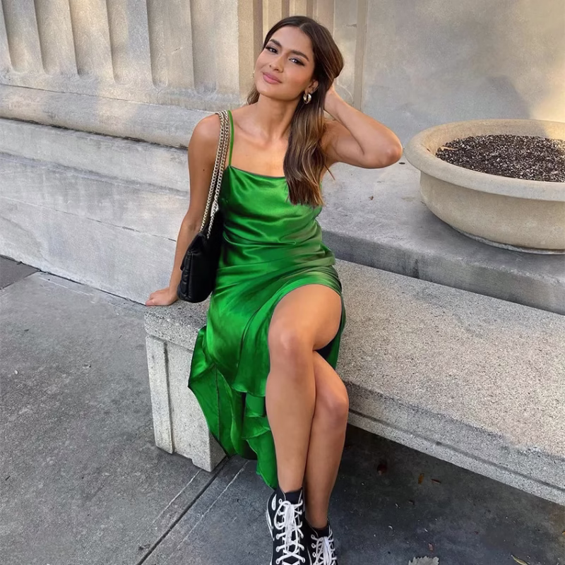 2022 summer new suspender ice silk imitation silk design sense niche dress slit long skirt European and American sexy women - Image 3