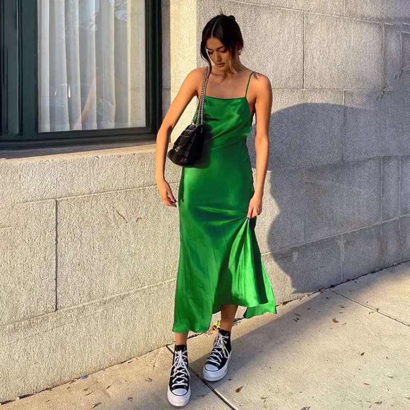 2022 summer new suspender ice silk imitation silk design sense niche dress slit long skirt European and American sexy women - Image 7