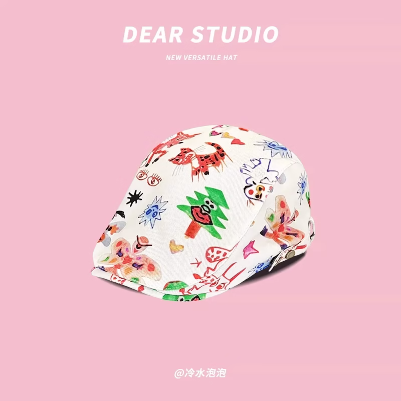 Cute graffiti forward hat women's retro personality weird beret men's and women's versatile face small short brim painter's hat - Image 6