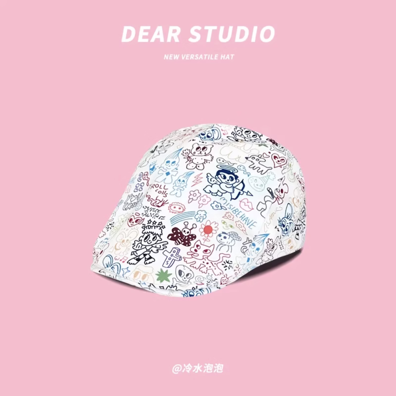 Cute graffiti forward hat women's retro personality weird beret men's and women's versatile face small short brim painter's hat - Image 8