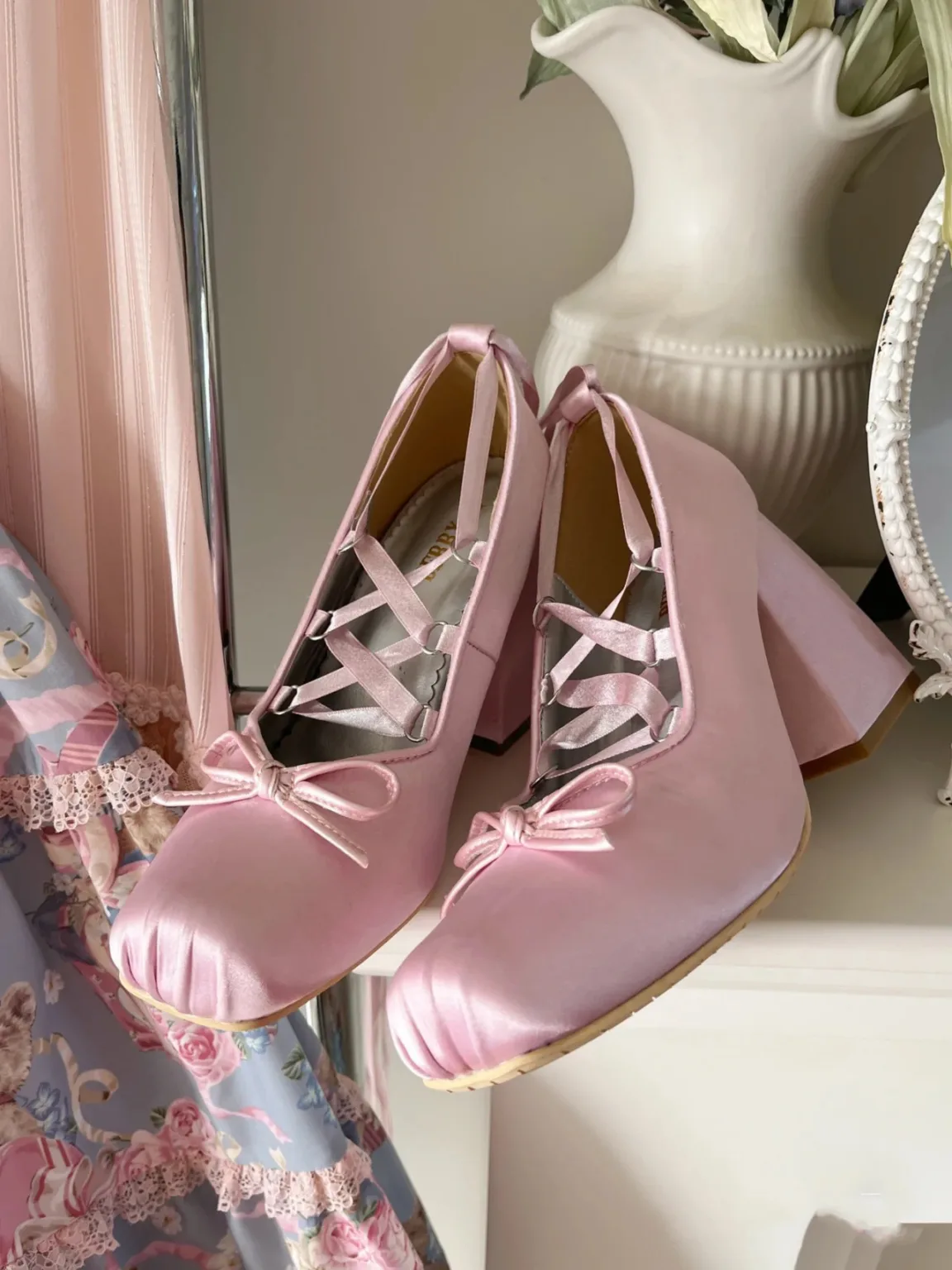 Spot ballet style fashion high-heeled outerwear cross strap Mary Jane French satin bow lolita - Image 20