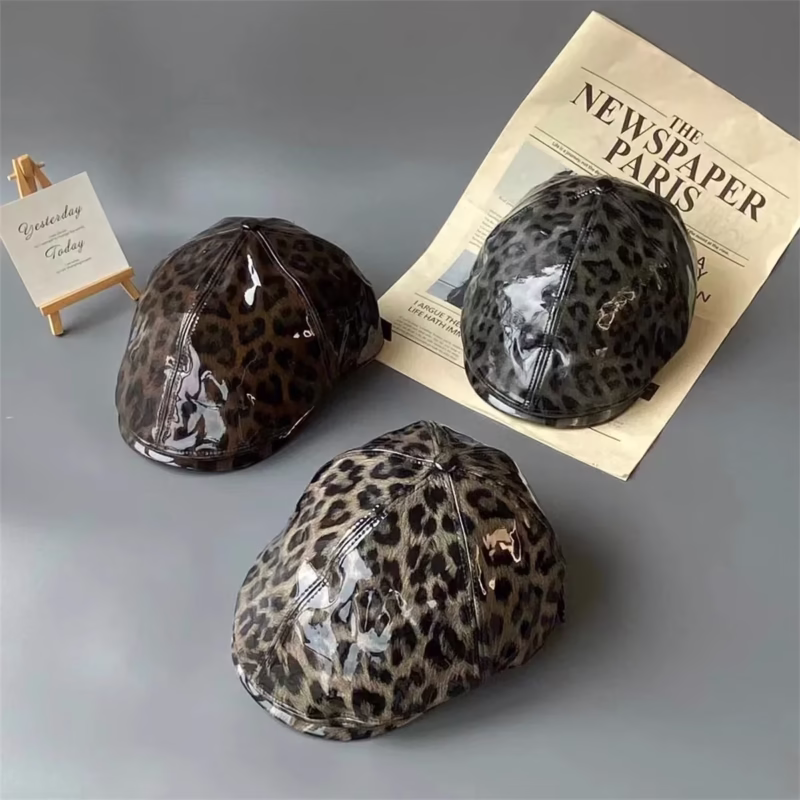Korean patent leather leopard print advance hat women's autumn and winter retro personality pu leather beret duckbill hat