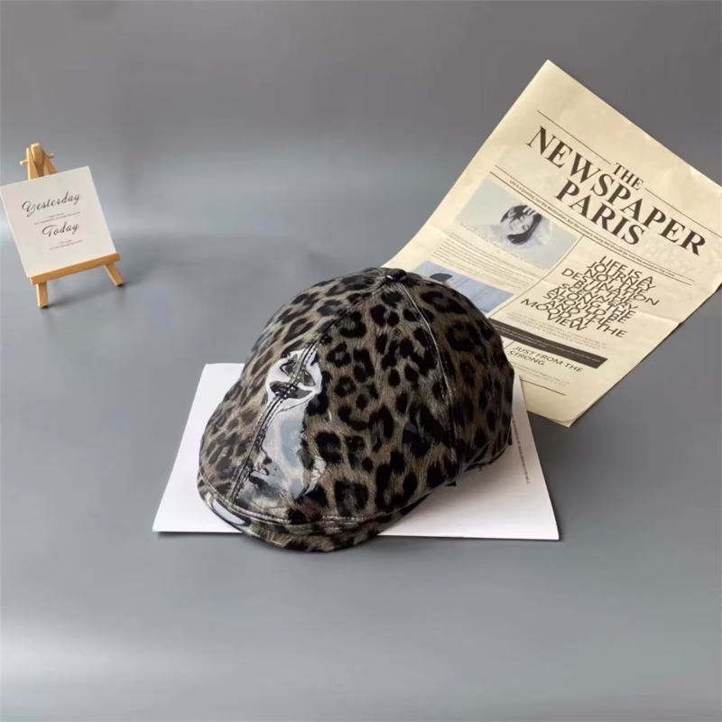 Korean patent leather leopard print advance hat women's autumn and winter retro personality pu leather beret duckbill hat - Image 2