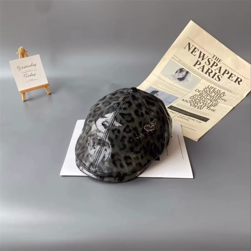 Korean patent leather leopard print advance hat women's autumn and winter retro personality pu leather beret duckbill hat - Image 4