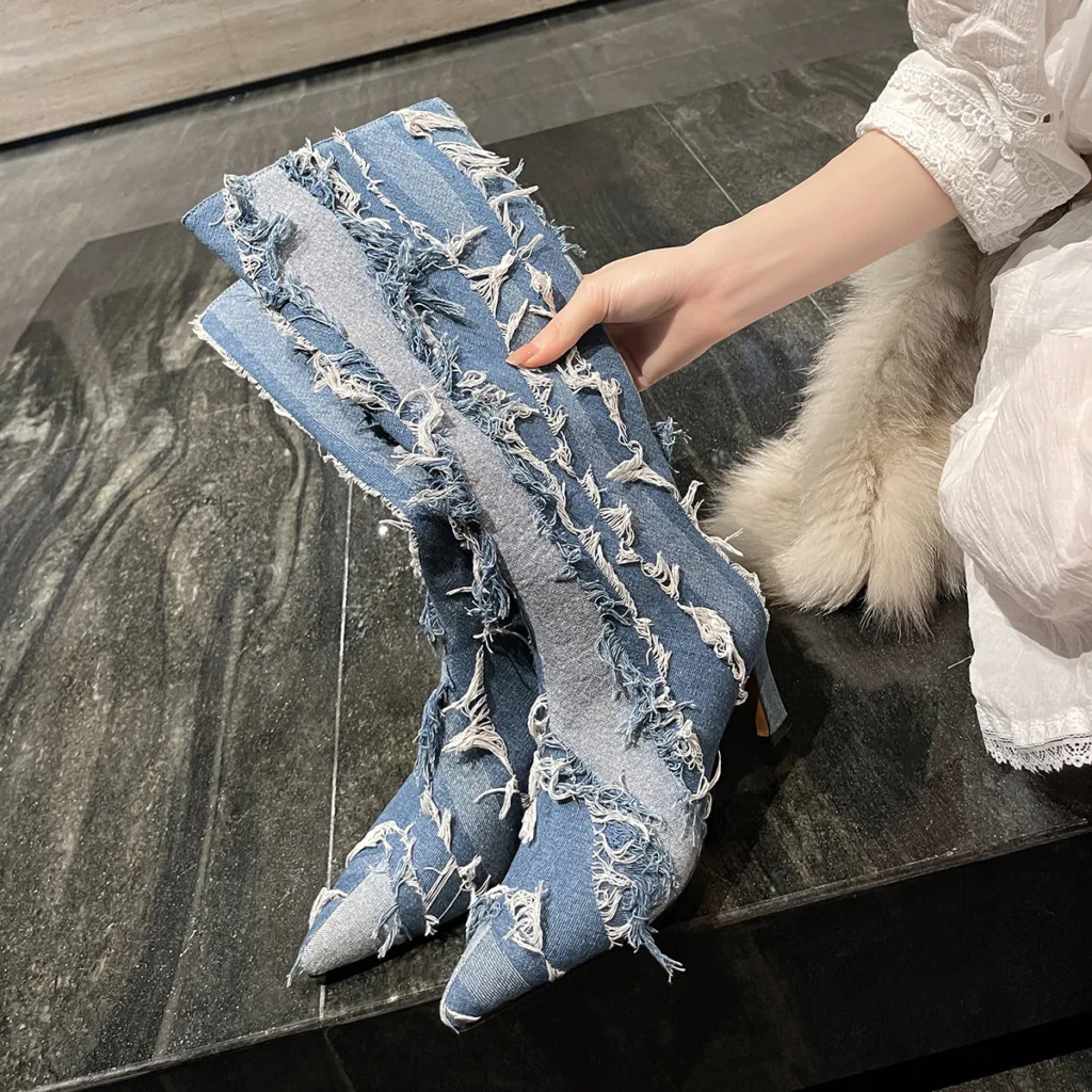 2023 European and American foreign trade new pointed denim thin high heel side zipper boots fashion catwalk large size fashion boots - Image 14