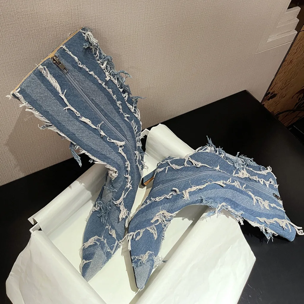2023 European and American foreign trade new pointed denim thin high heel side zipper boots fashion catwalk large size fashion boots - Image 15