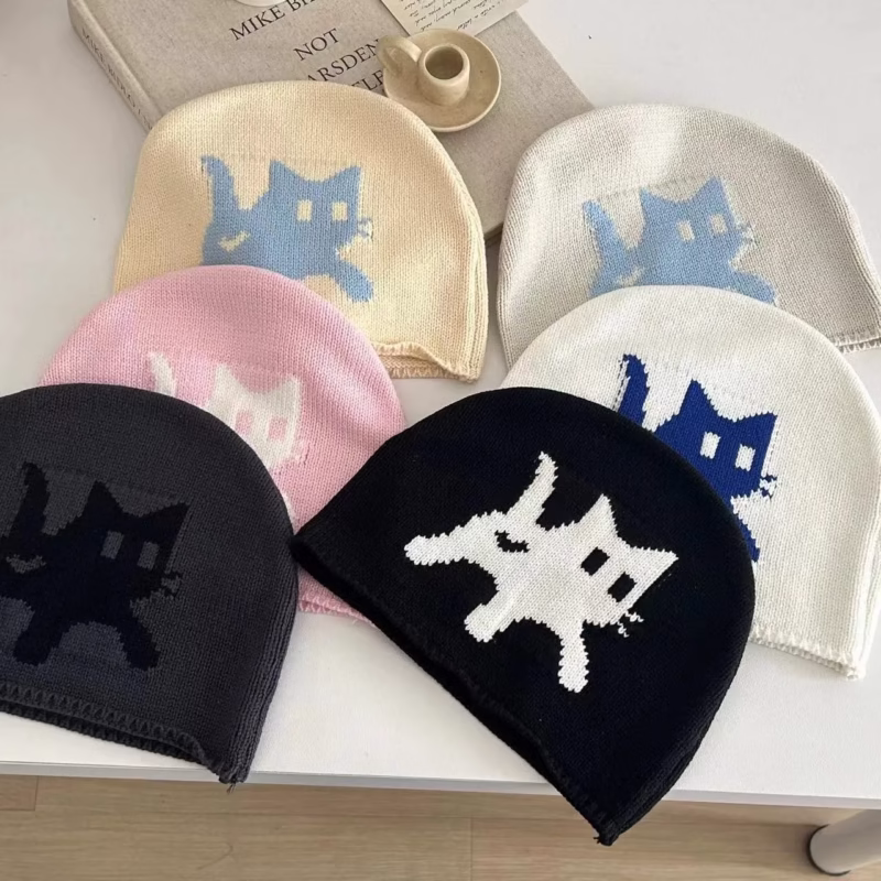 Early autumn thin childish cute kitten print knitted bag head woolen hat ins street retro fashion men and women - Image 3