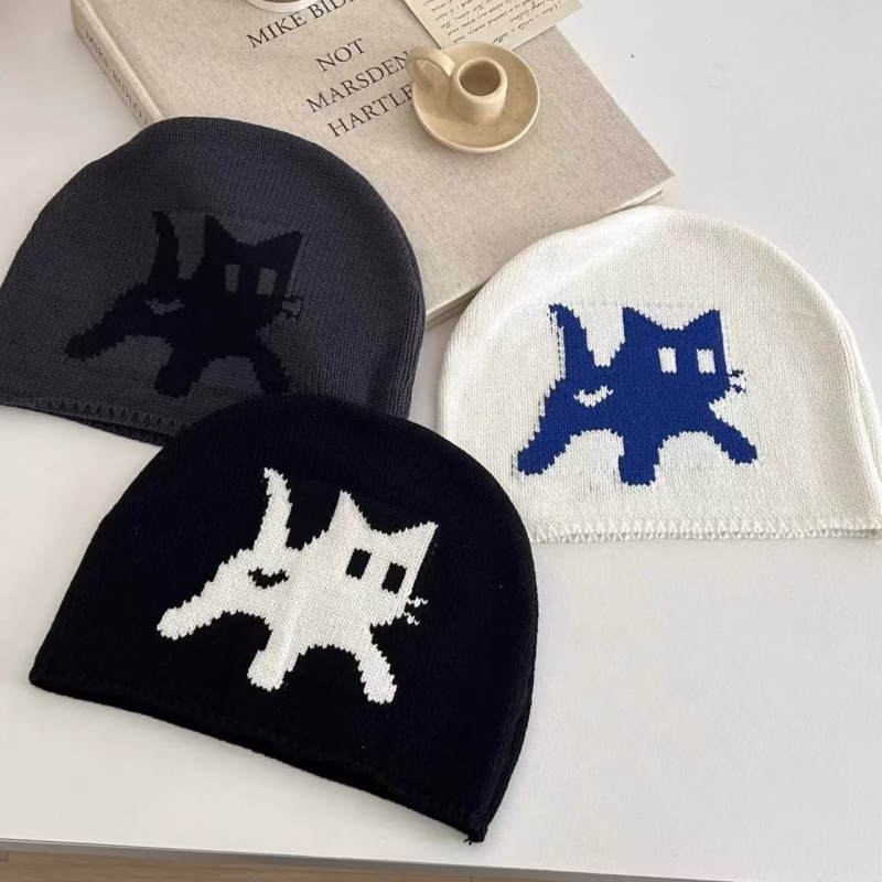 Early autumn thin childish cute kitten print knitted bag head woolen hat ins street retro fashion men and women - Image 4
