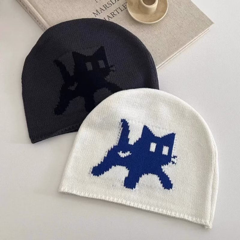 Early autumn thin childish cute kitten print knitted bag head woolen hat ins street retro fashion men and women - Image 2