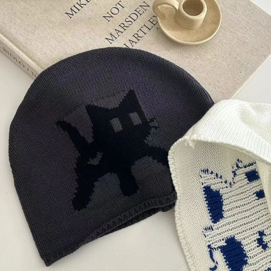 Early autumn thin childish cute kitten print knitted bag head woolen hat ins street retro fashion men and women - Image 10