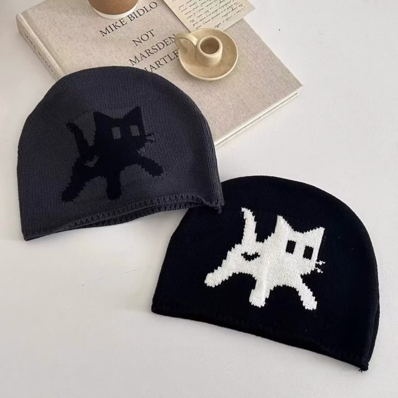 Early autumn thin childish cute kitten print knitted bag head woolen hat ins street retro fashion men and women - Image 9