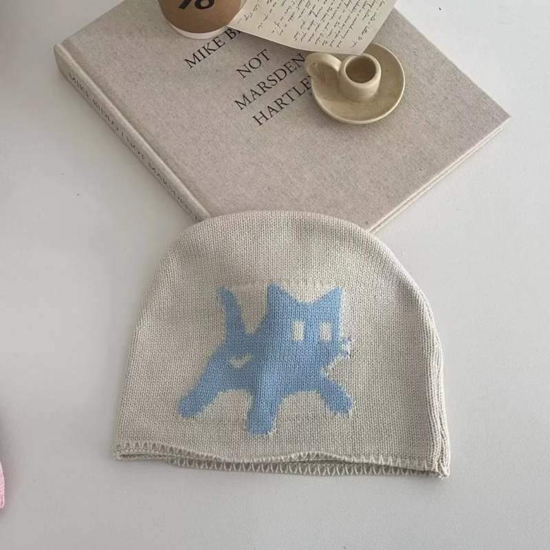 Early autumn thin childish cute kitten print knitted bag head woolen hat ins street retro fashion men and women - Image 5