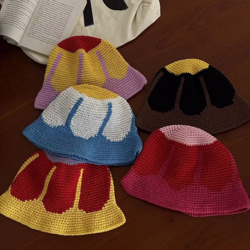 Summer thin cotton knitting niche retro fashionable color-blocked fisherman's hat sun protection sunshade handmade basin hat men and women