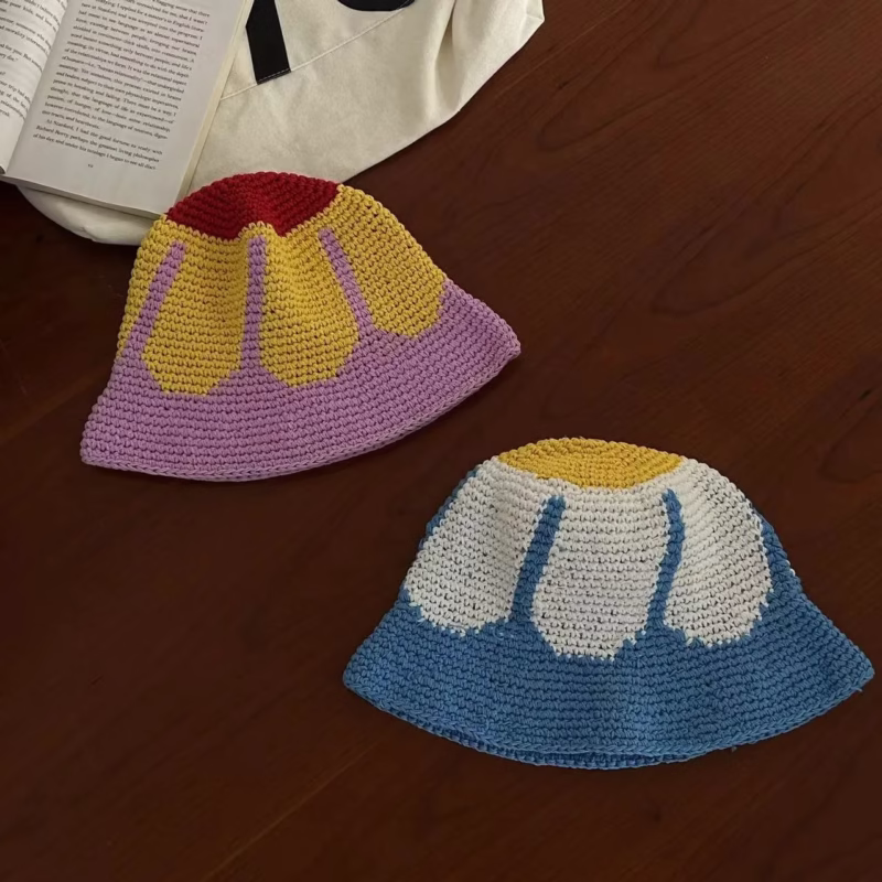 Summer thin cotton knitting niche retro fashionable color-blocked fisherman's hat sun protection sunshade handmade basin hat men and women - Image 3
