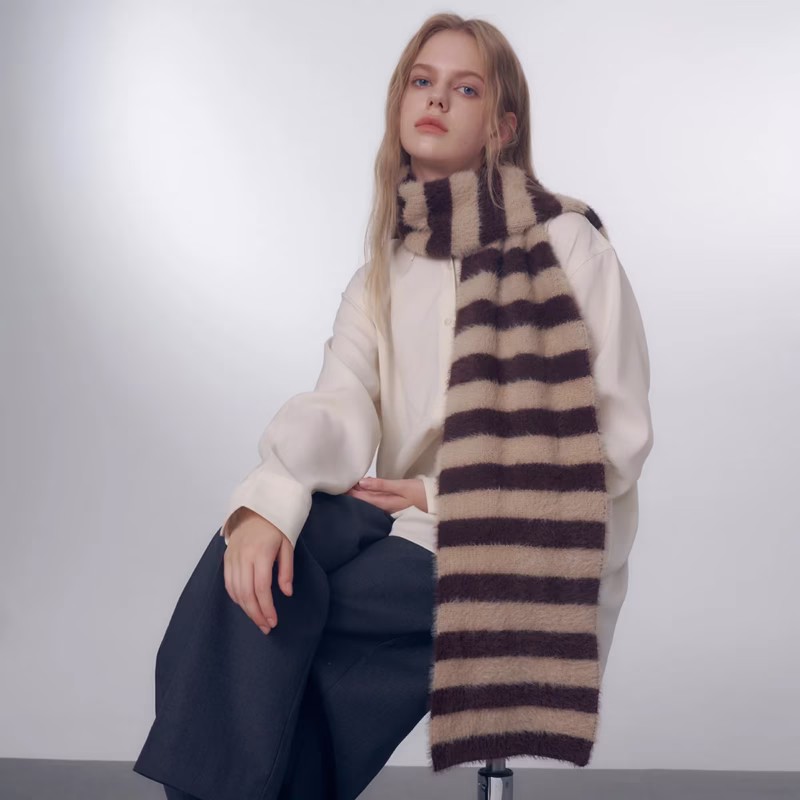 Original niche color matching imitation mink classic striped knitted wool scarf women's autumn and winter soft and warm bib