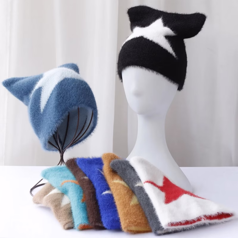ins niche devil cat ear star knitted hat women show face small autumn and winter new street hot girl Y2K bag head hat trend - Image 2