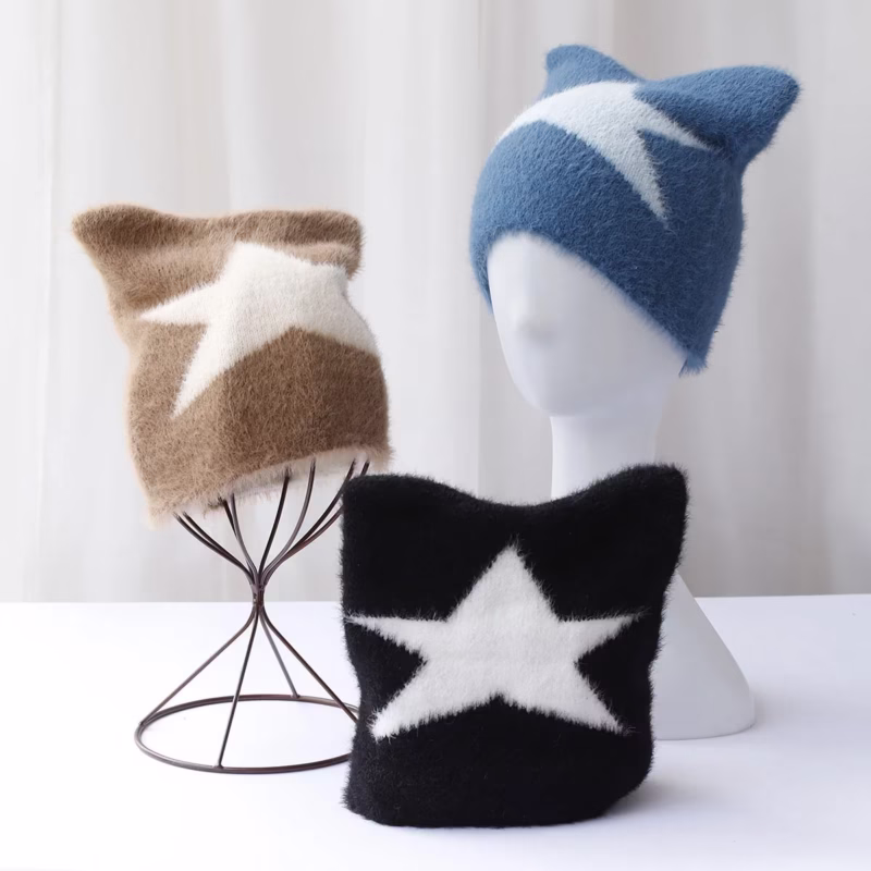 ins niche devil cat ear star knitted hat women show face small autumn and winter new street hot girl Y2K bag head hat trend - Image 3