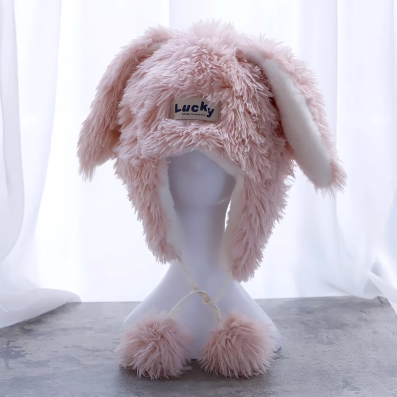 Sweet and cute long-haired rabbit ear hat plush hat women's autumn and winter thickened warm and cold-proof Internet celebrity thunder hat - Image 3