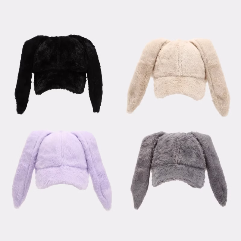 College style autumn and winter warm cute rabbit ear baseball cap fashion outdoor thickened solid color casual plush duck tongue cap6