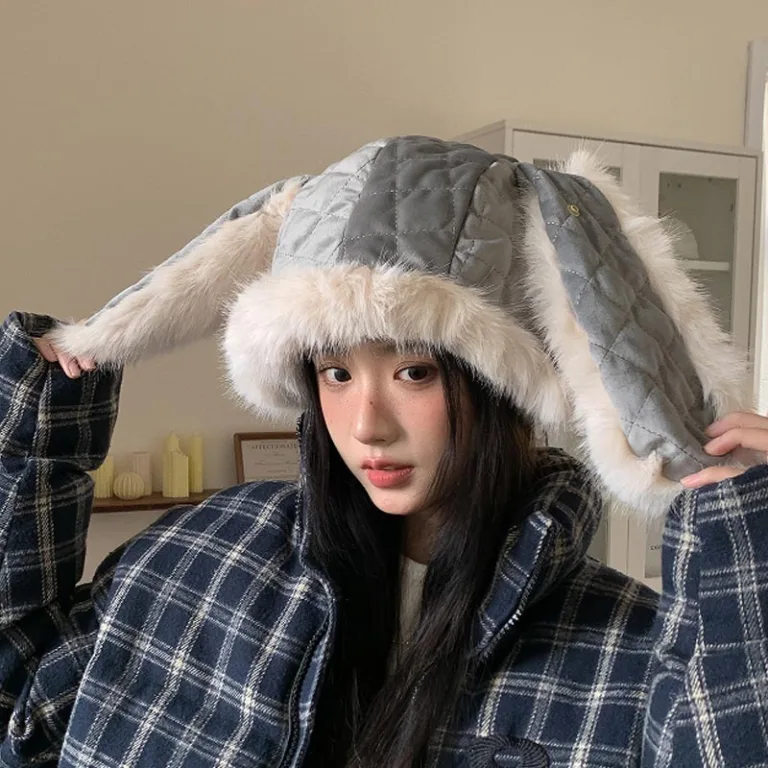 Velvet stitching rabbit hat, big double rabbit ears, cute plush hat, imitation fur, thunder hat, dual-use ear protection, bib hat - Image 2