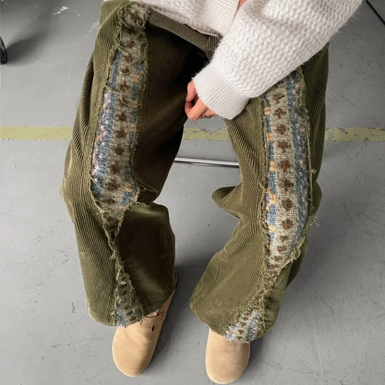 Tianyan design sense American green trousers corduroy casual trousers trousers fashion autumn and winter lazy contrast colour wide-leg trousers trend