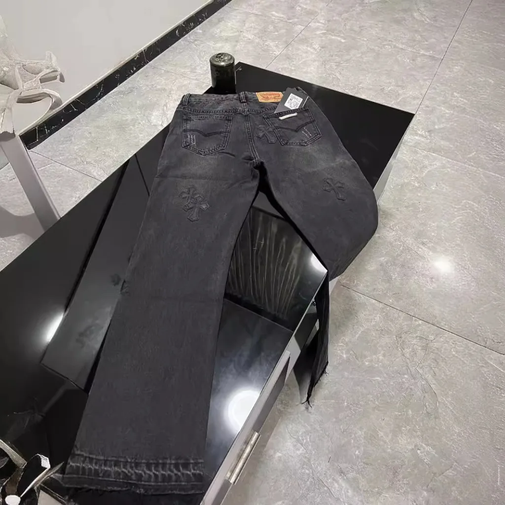 Chrome Heart Cross Leather Jeans High Version Poison Home High Street Fashion Trousers - Image 3