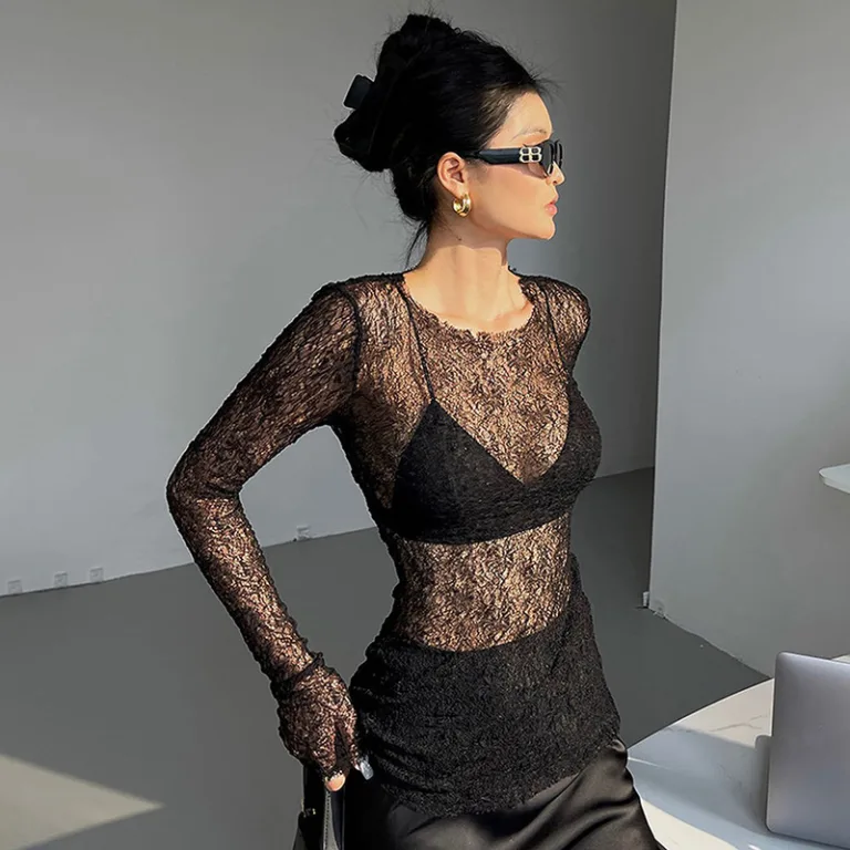 M23TP671 European and American women's clothing 2023 autumn and winter new transparent sexy round-neck slim solid color long-sleeved top wholesale - Image 3