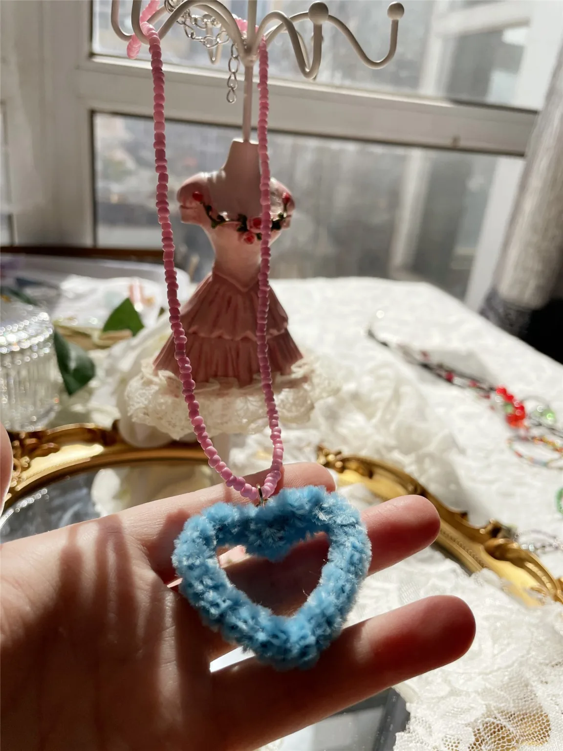 spring and summer cute beaded necklace pink and blue soft girl collar bone chain - Image 5