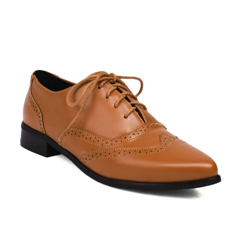 Pointed toe thick-heeled single shoes women's spring and autumn thick-heeled low-heeled front lace-up deep-mouth retro Brock small leather shoes women's single shoes - Image 7