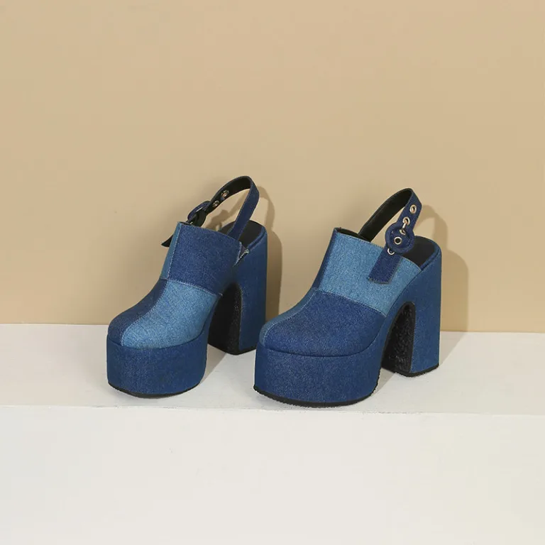 Denim wrap-around sandals women's summer new thick heel ultra-high heel one-word buckle back empty women's sandals high heels - Image 2