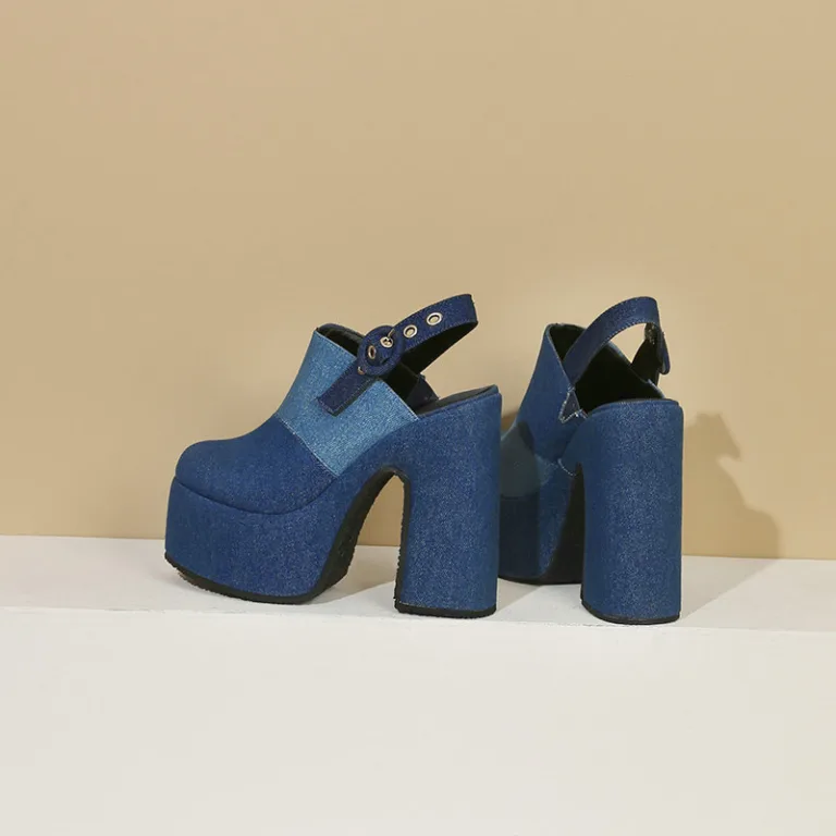 Denim wrap-around sandals women's summer new thick heel ultra-high heel one-word buckle back empty women's sandals high heels - Image 3