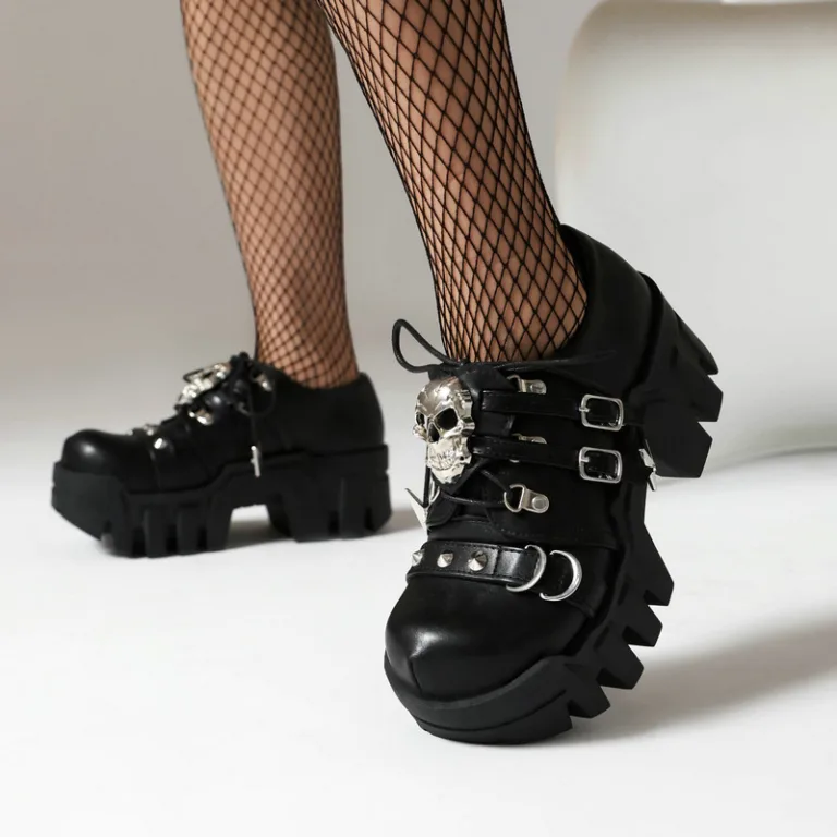 Japanese JK small leather shoes punk style metal buckle thick sole thick heel ultra-high heel front lace women's high heels spring and autumn single shoes - Image 4