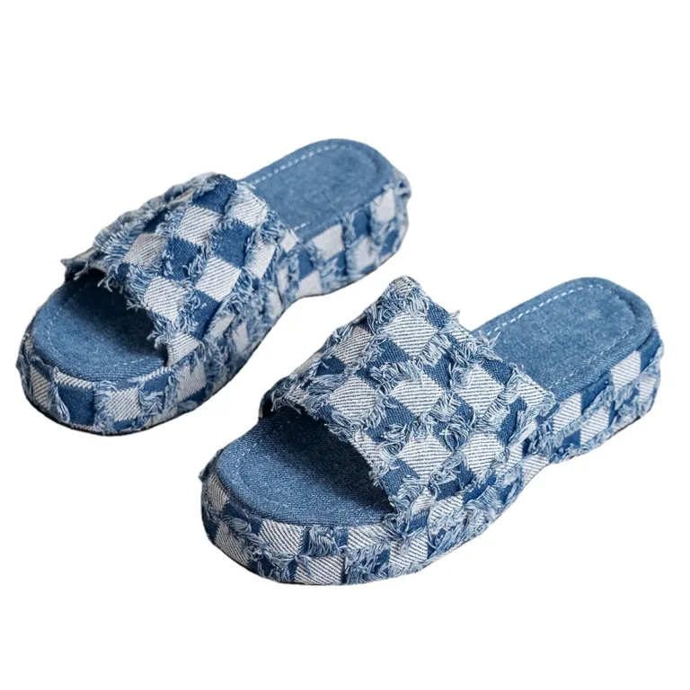 2023 summer new European and American fashion denim square cloth thick-soled cool slippers women's outdoor large size comfortable sandals - Image 2