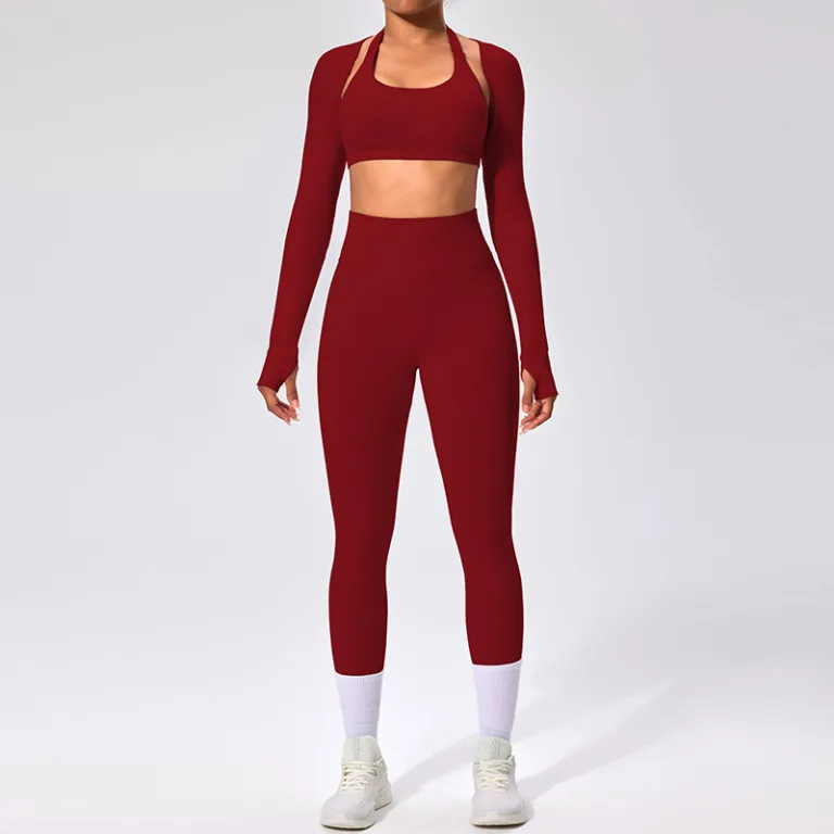 Cross-border European and American yoga set long-sleeved off-the-shoulder breathable beautiful back sports underwear slimming fitness pants three-piece set - Image 11