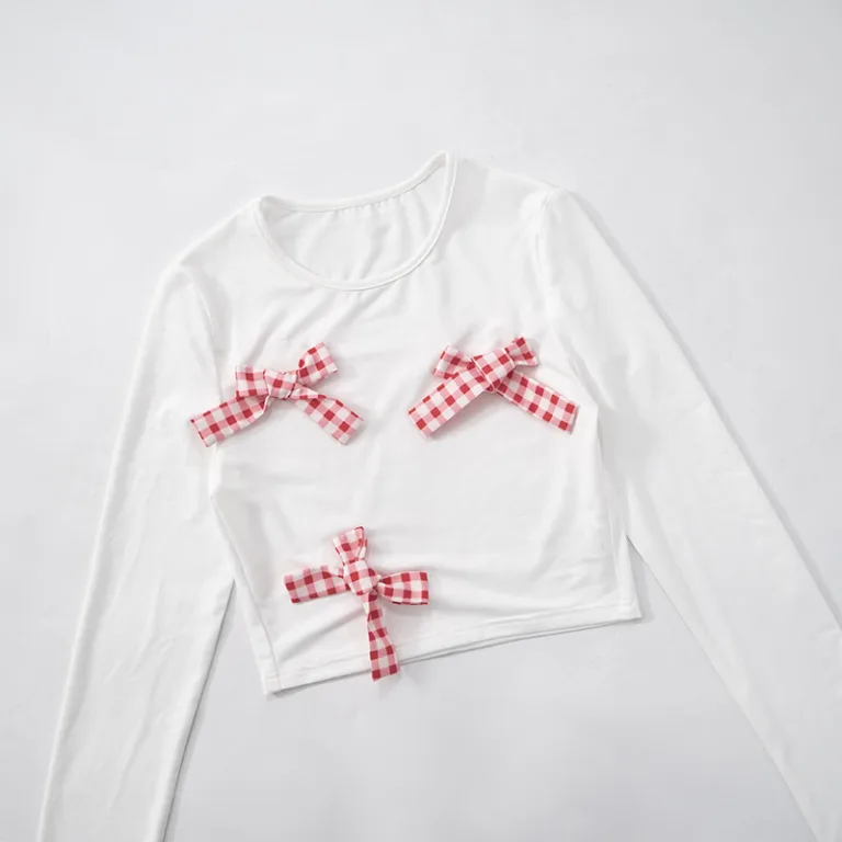Sanhu Lianjiang F24ST322 European and American women's plaid bow decorative top contrast colour flower bud skirt set wholesale - Image 8