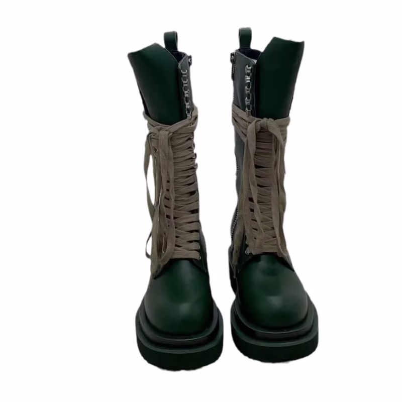 Guangzhou RO high-top heavy industry personality autumn and winter youth boots first layer cowhide thick-soled knight boots women's strap boots