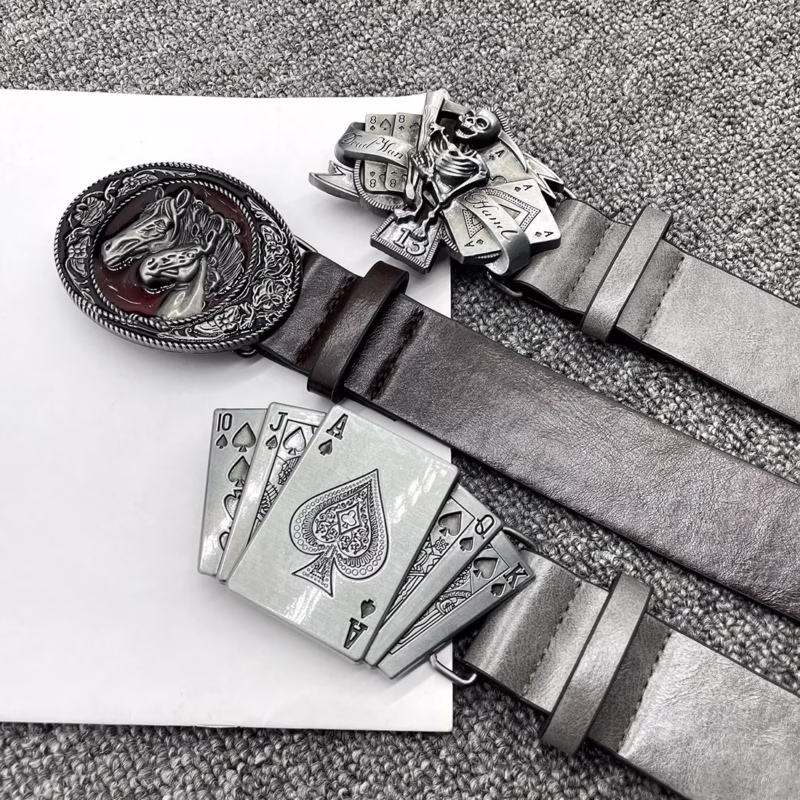 Black Men's Belt Punk Personality Belt Korean Version Punk Dominant Skull Poker Fashion Casual Rock Trend