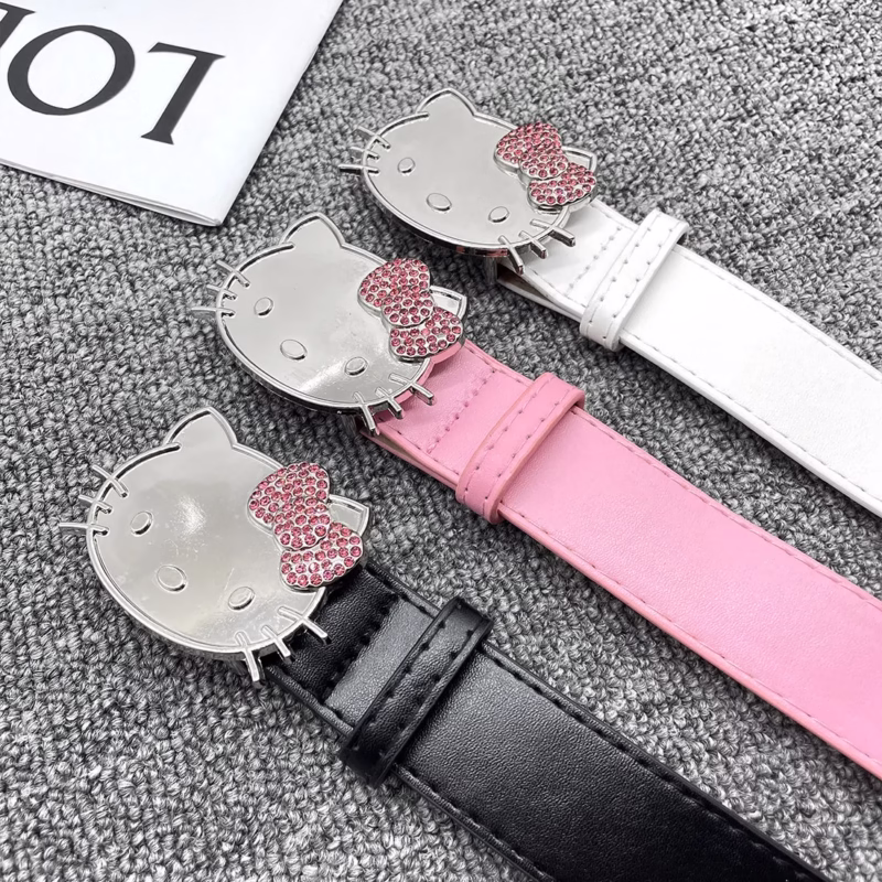 Hello kitty pink KT cat head belt diamond belt millennial hot girl y2k belt denim accessories versatile pants belt
