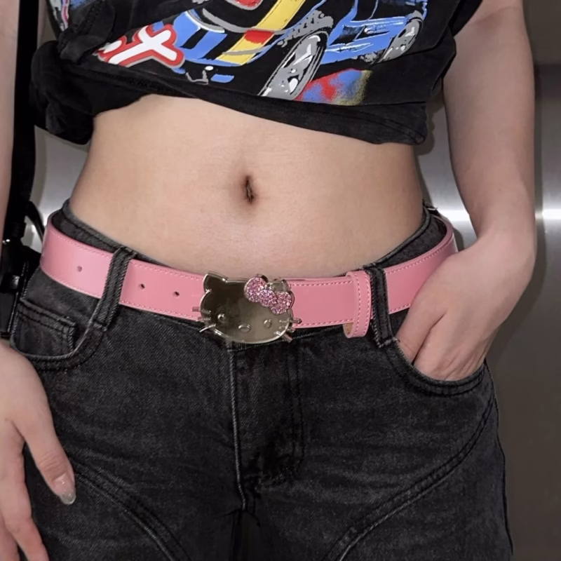 Hello kitty pink KT cat head belt diamond belt millennial hot girl y2k belt denim accessories versatile pants belt - Image 3