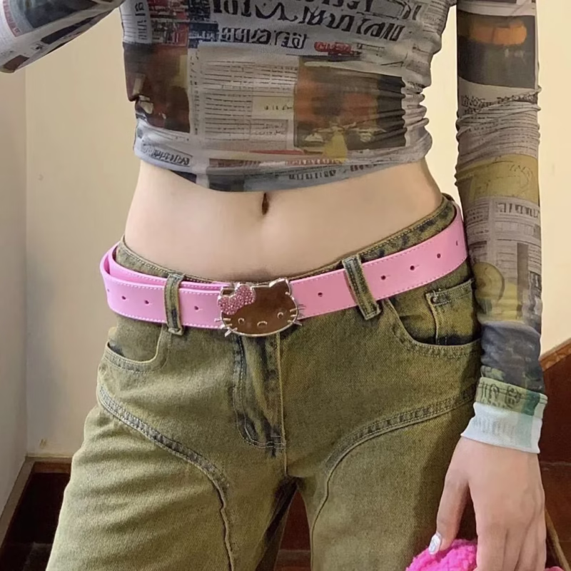 Hello kitty pink KT cat head belt diamond belt millennial hot girl y2k belt denim accessories versatile pants belt - Image 6