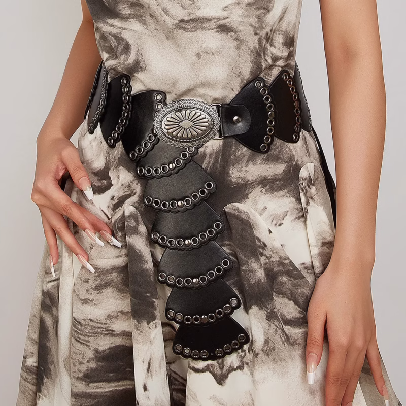 European and American retro street fashion hollow ring PU leather stitching special waist belt versatile stud women's belt