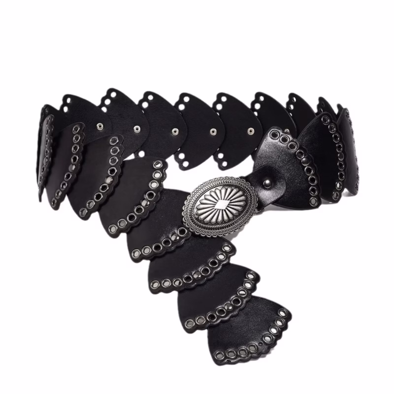 European and American retro street fashion hollow ring PU leather stitching special waist belt versatile stud women's belt - Image 5